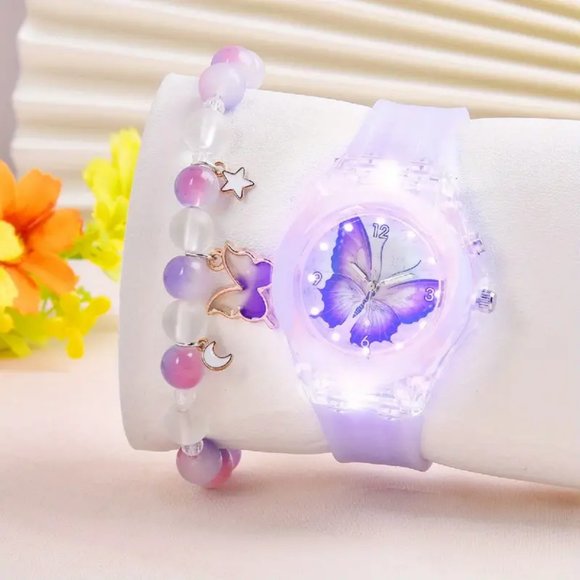 Creative Trendy Cute Cartoon Butterfly LED Quartz Watch & Beaded Bracelet - Picture 2 of 4